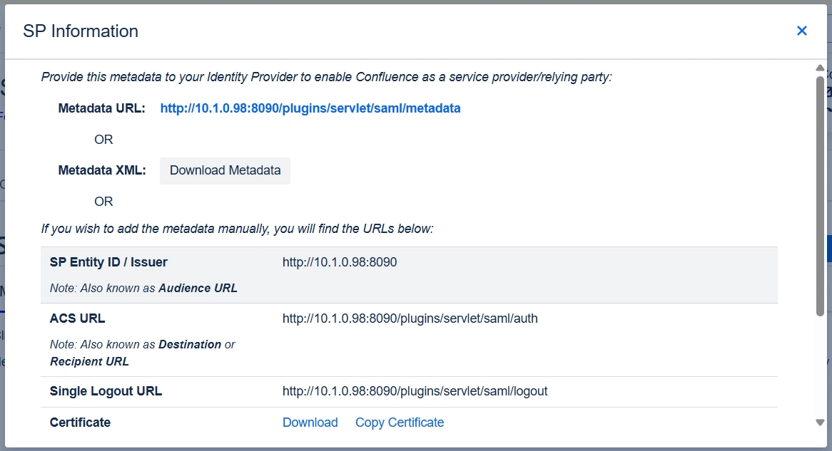 the SP Information tab inside the miniOrange SAML SSO + SCIM app for Confluence