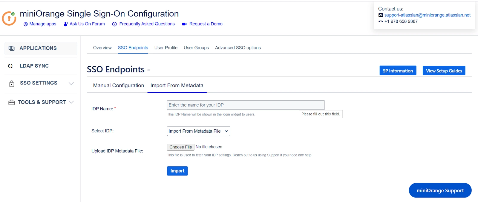 the SSO Endpoints section inside the miniOrange SAML SSO + SCIM app with the Import From Metadata tab active and Import from Metadata file option selected