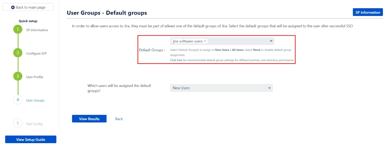 the User Group configuration step of the Quick Setup process with the section for setting default groups highlighted