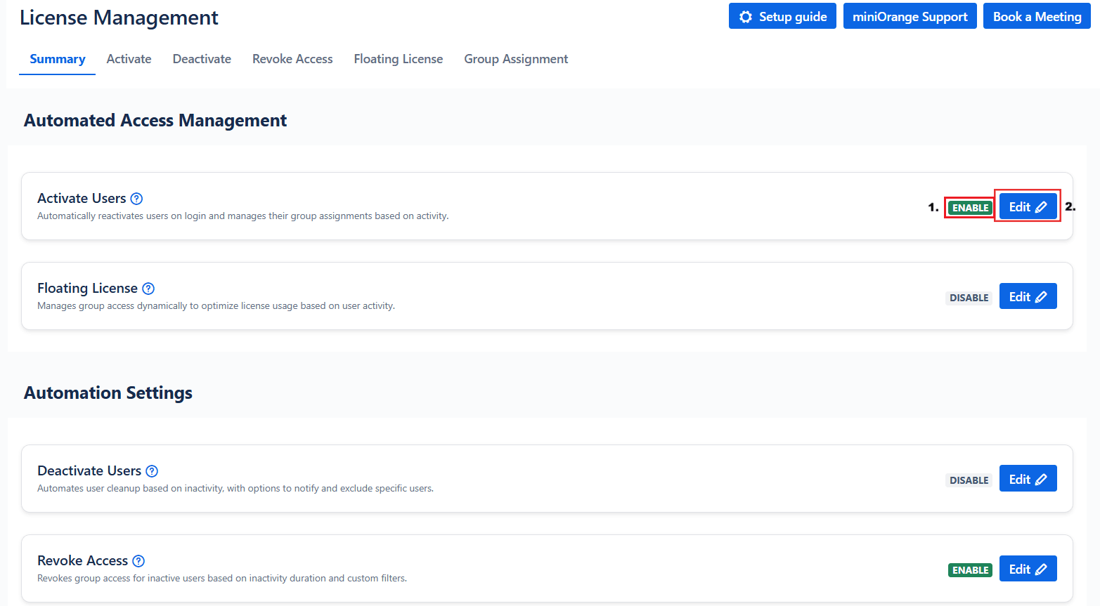 Automated user management license management summary tab