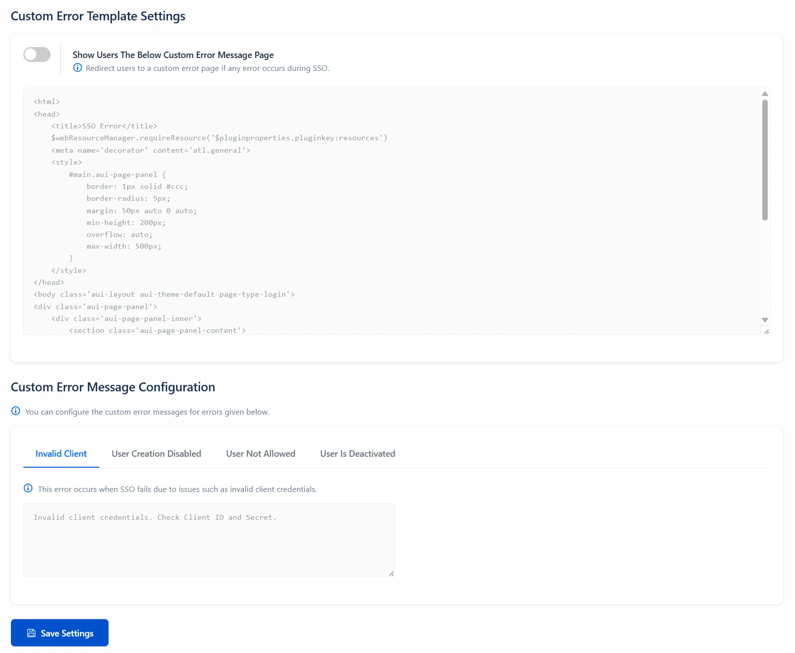 Look and Feel tab with provision for customizing the error messages