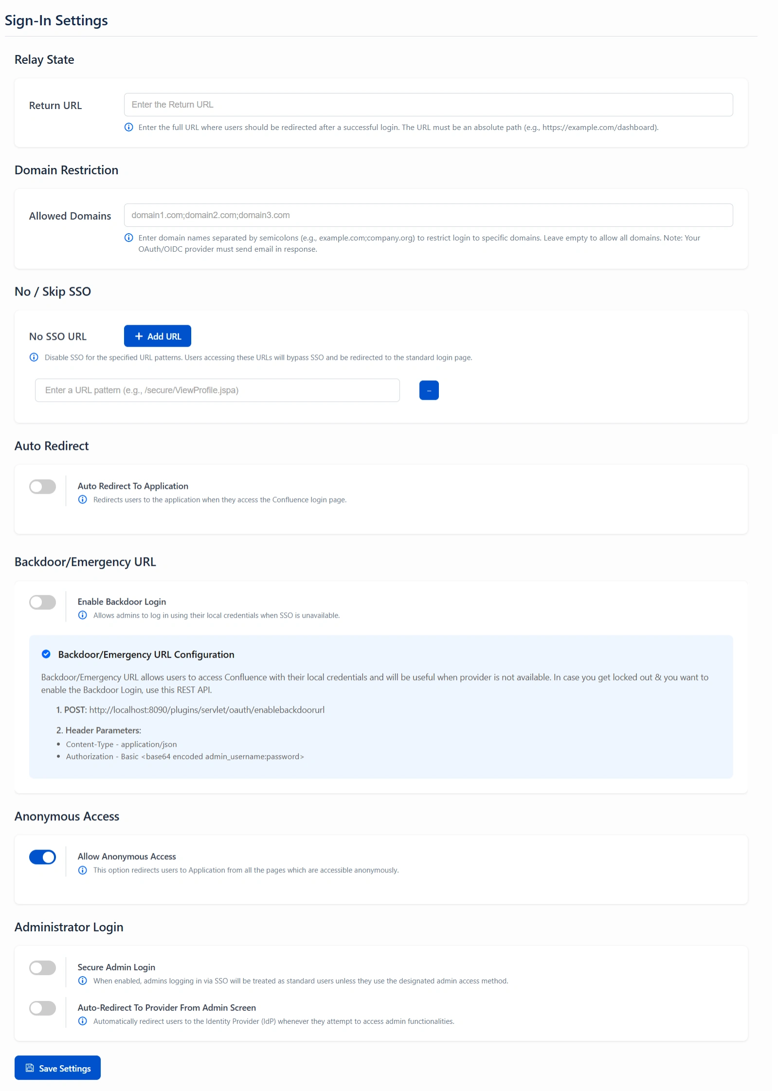 oauth authentication, single sign on login, OAuth / OpenID Single Sign On (SSO) into Confluence , provision for configuring sign-in settings in the plugin