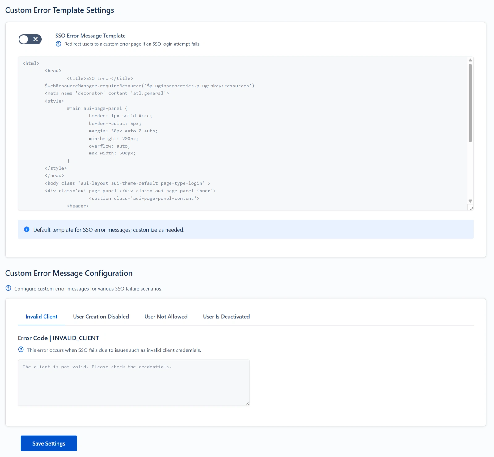 Look and Feel tab with provision for customizing the error messages