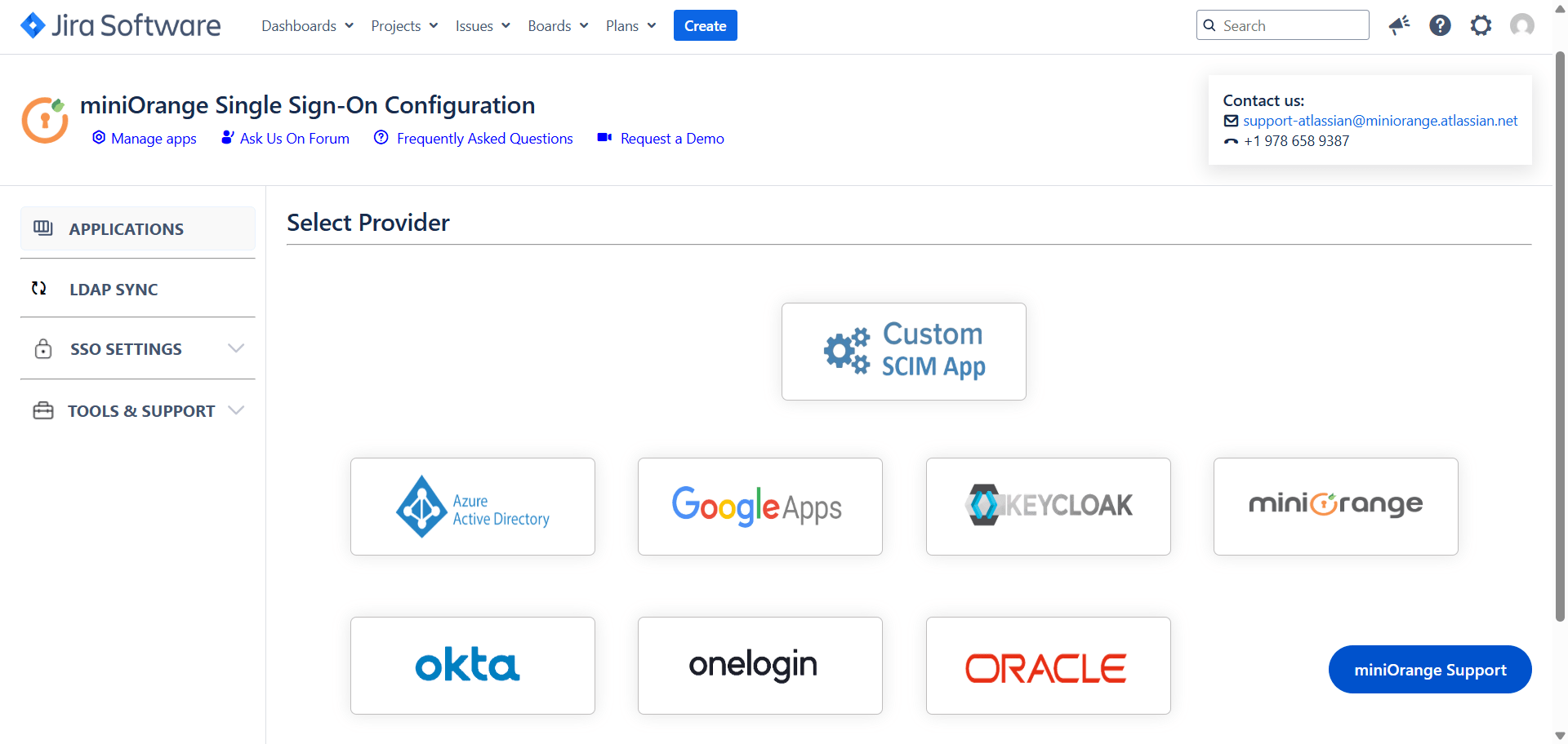 miniOrange SCIM app's provider selection window