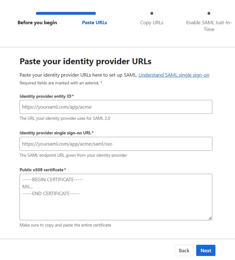 Atlassian Guard configurations page where IDP Entity ID, IDP SSO URL, and Public X.509 Certificate can be pasted