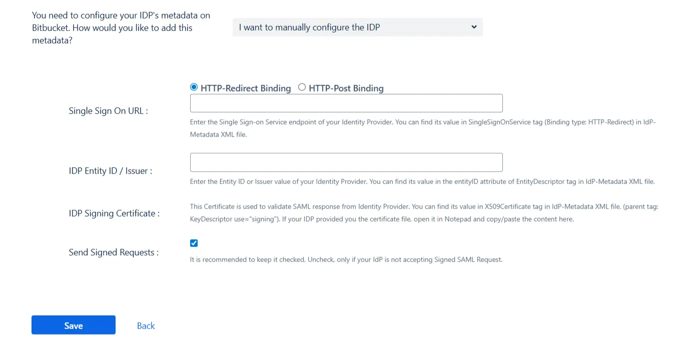 Manually configure IDP details in the Configure IDP page