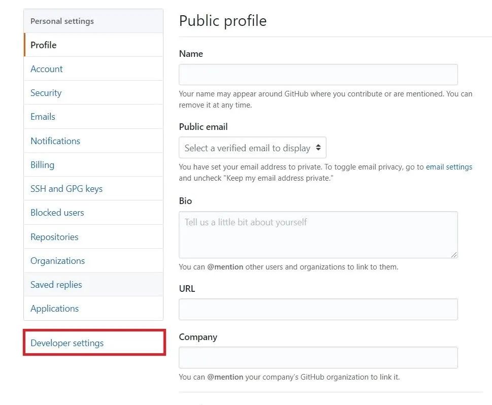 GitHub developer settings with Public profile section highlighted