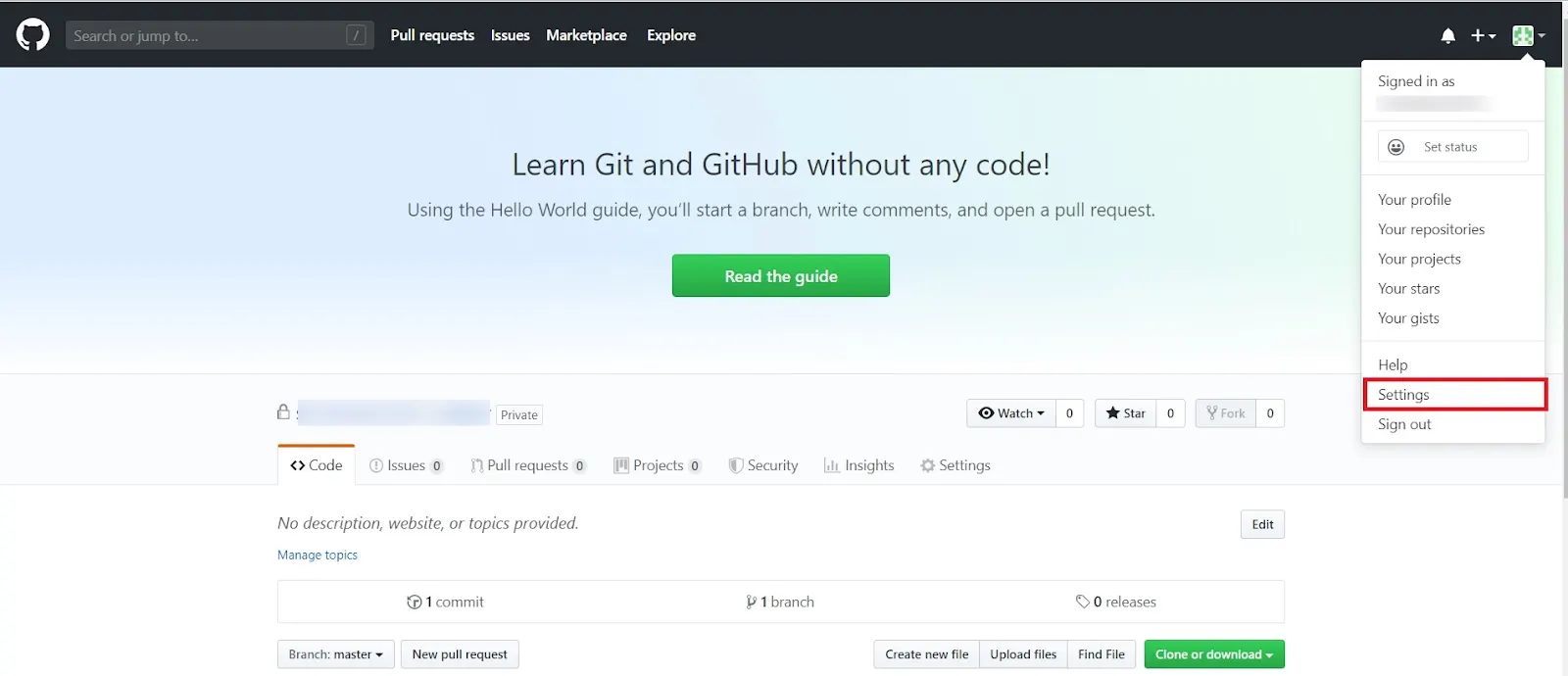 GitHub settings tab with GitHub option highlighted