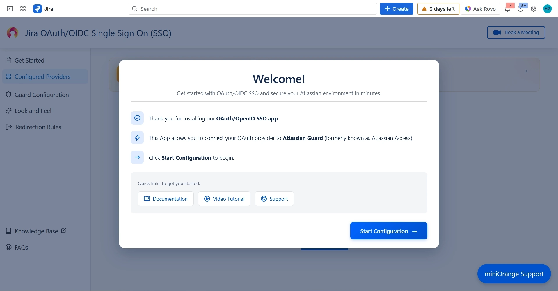 Welcome window of mO Jira OAuth/OIDC SSO app.