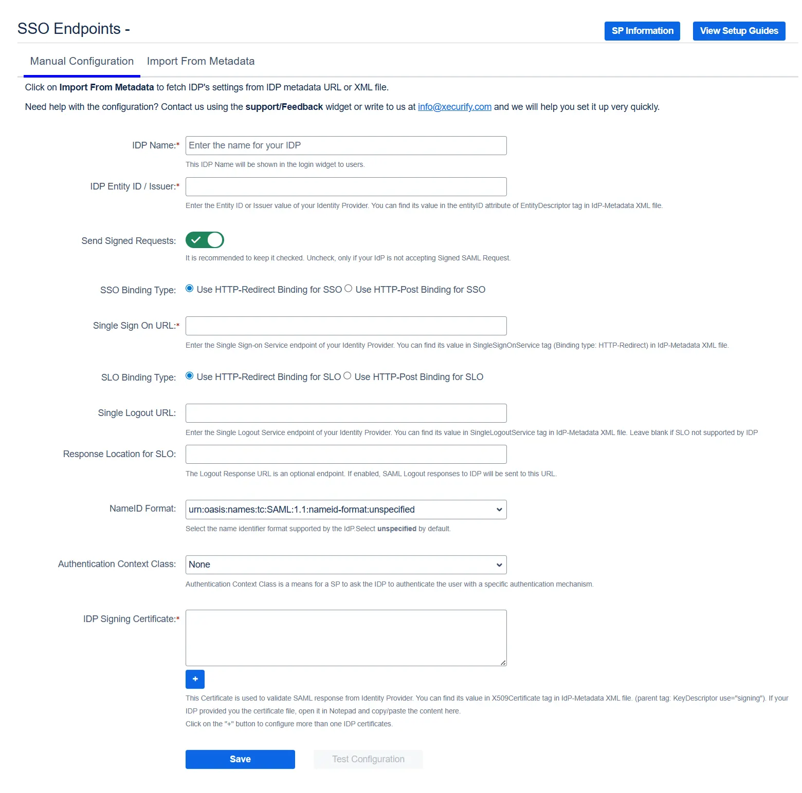 Manual Configuration section in the Manual Configuration page