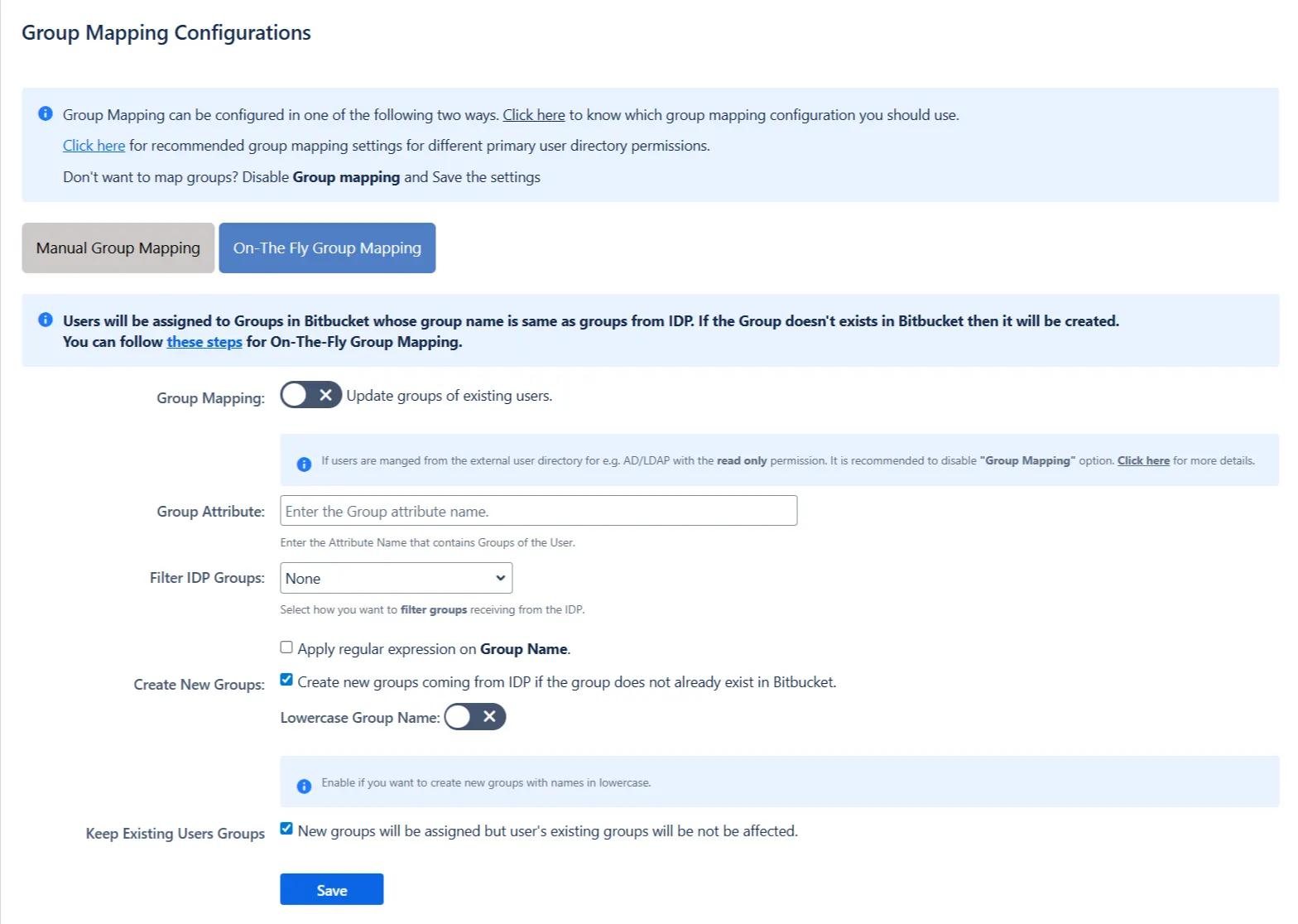 On-The-Fly Group Mapping section in the User Groups - Group Mapping page