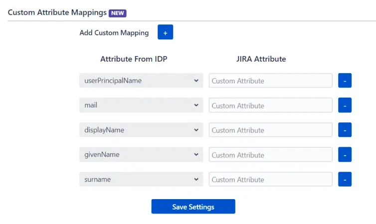 Custom Attribute Mapping section inside the User Sync tab of the miniOrange SAML + SCIM Bundle app
