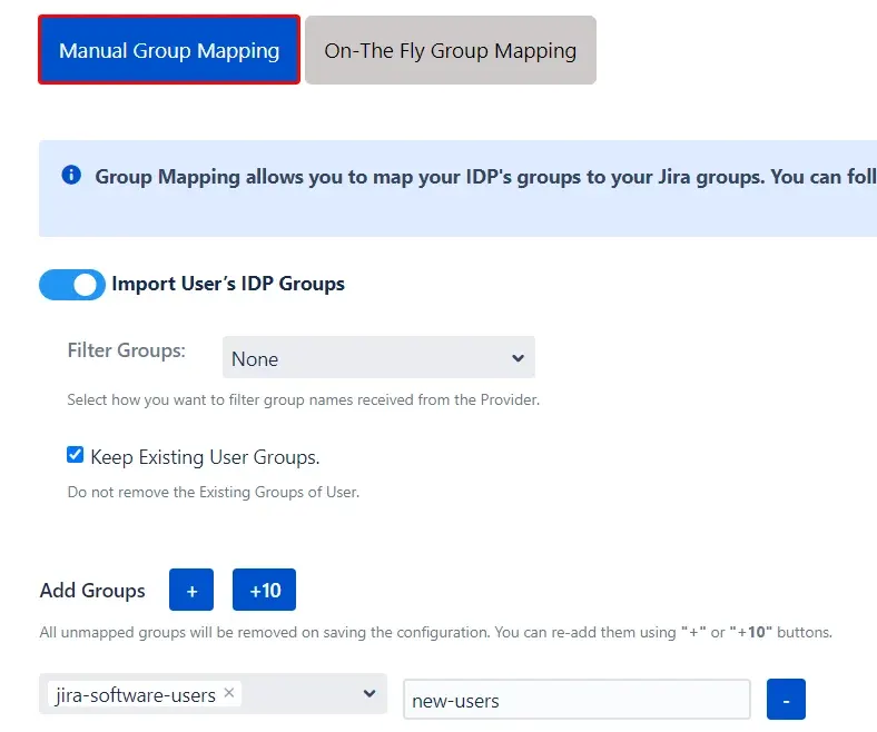 Manual Group Mapping section inside the Group Settings section of the miniOrange SCIM + SAML app