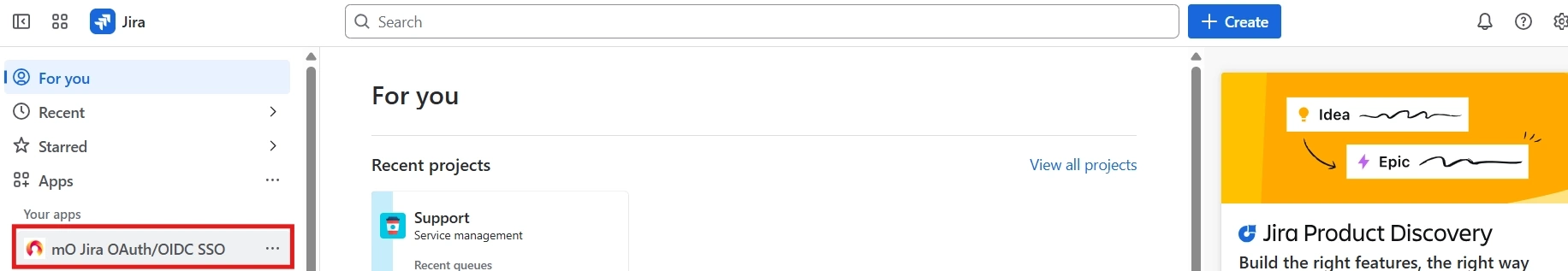 Jira app main menu with the Apps section open and the mO Jira OAuth/OIDC SSO app highlighted