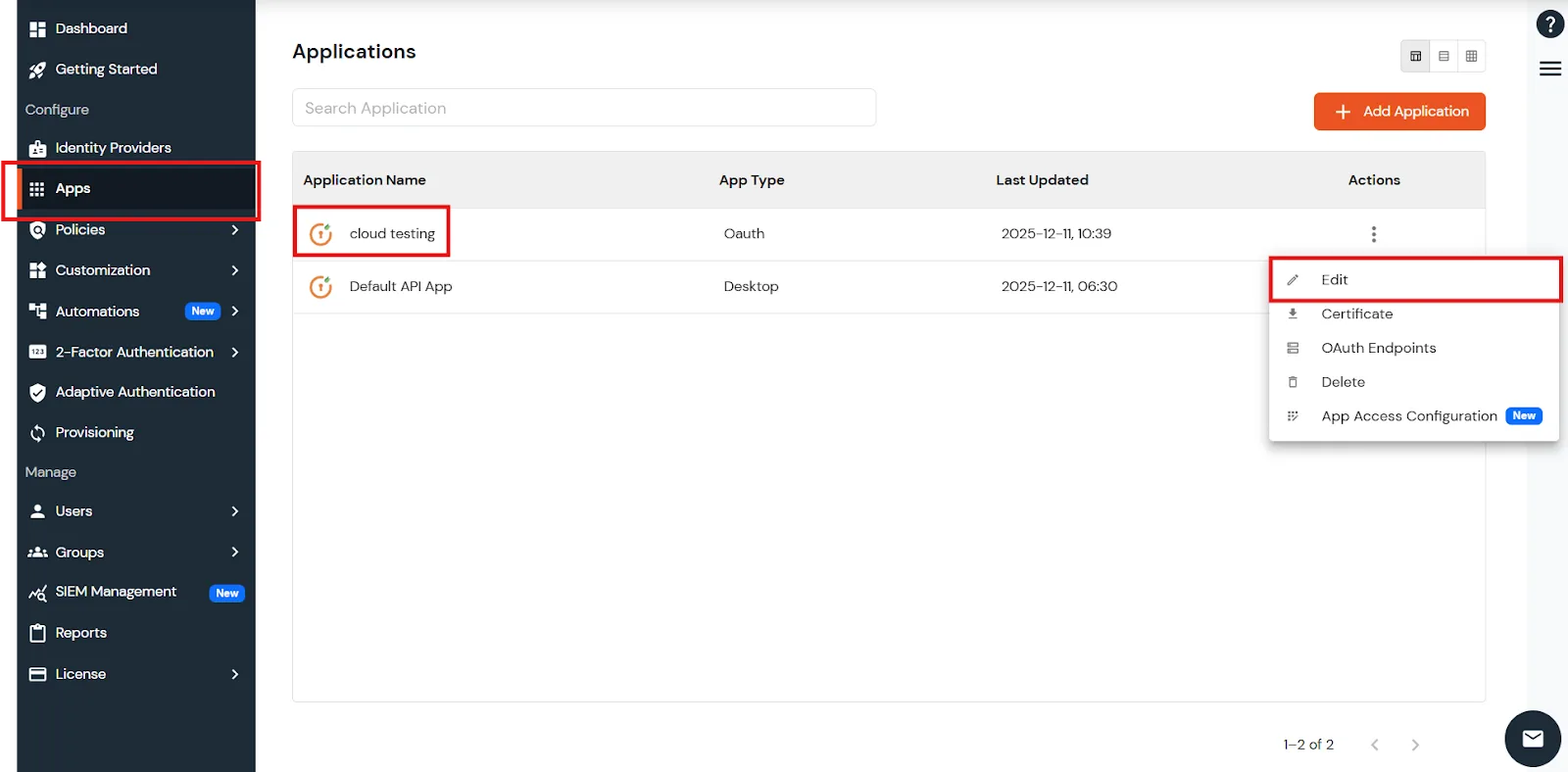 miniOrange provider dashboard with Applications section highlighted