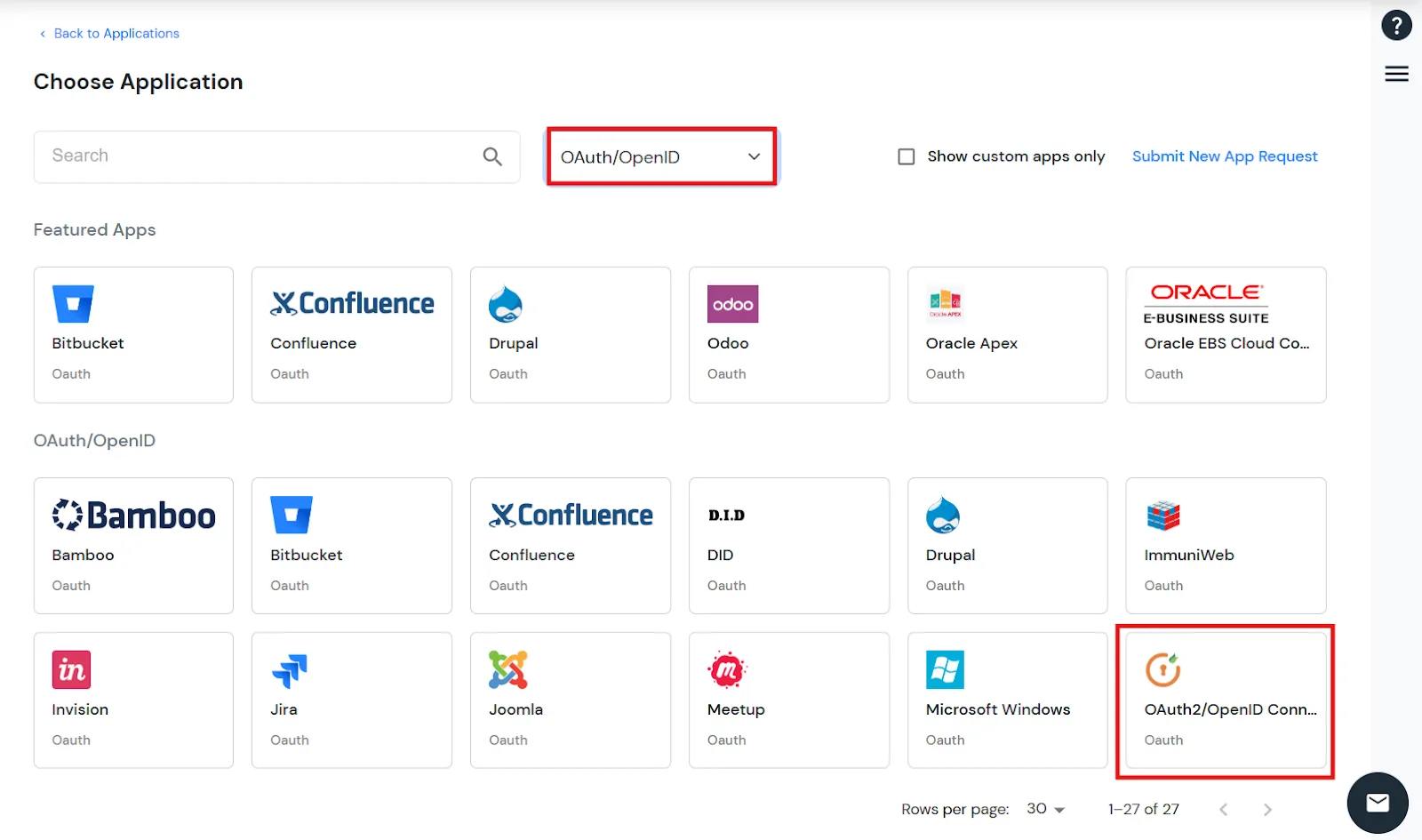 miniOrange provider dashboard with OAuth/OpenID card selected