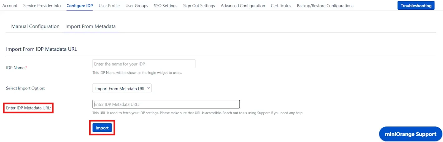 SAML Single Sign On (SSO) into Crowd, Import IDP through Metadata URL