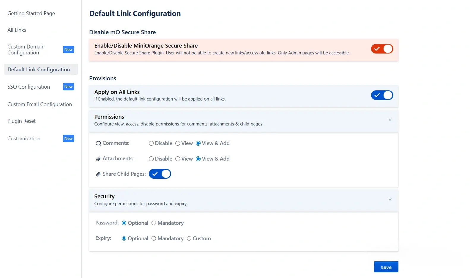 Secure share default link configuration