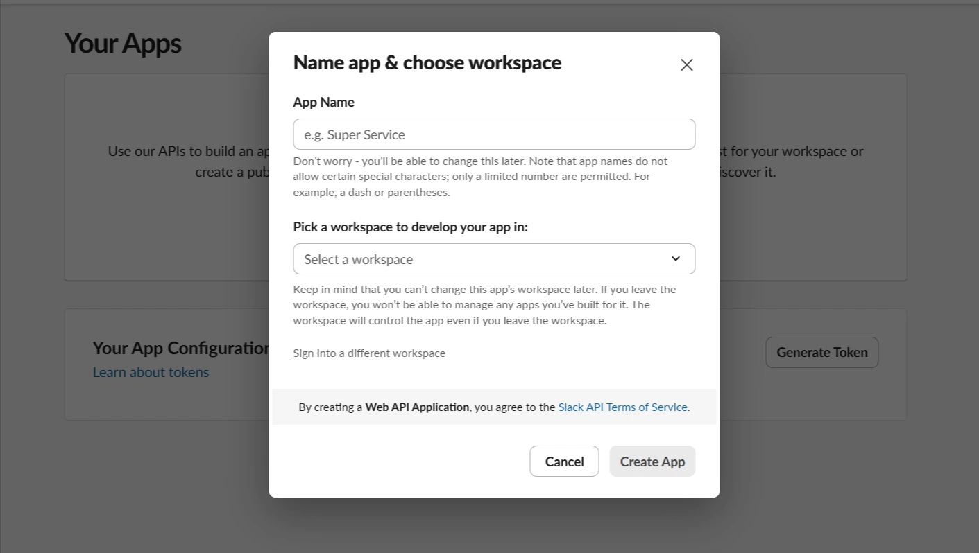 Create New App in Slack