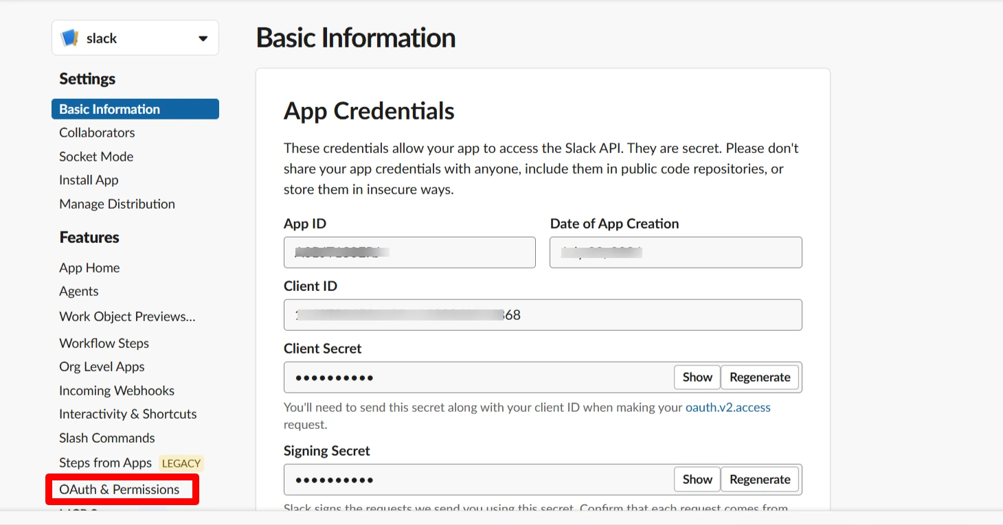 Get App credentials in Slack