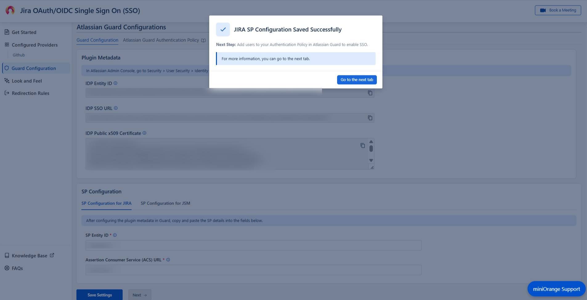 Atlassian Guard configurations page where SP Metadata tab can be found