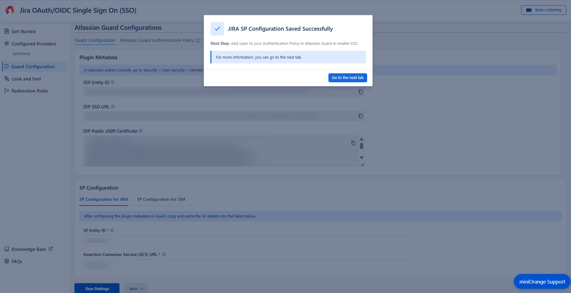Atlassian Guard configurations page where SP Metadata tab can be found