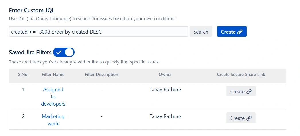 Share issues using Saved Jira Filters