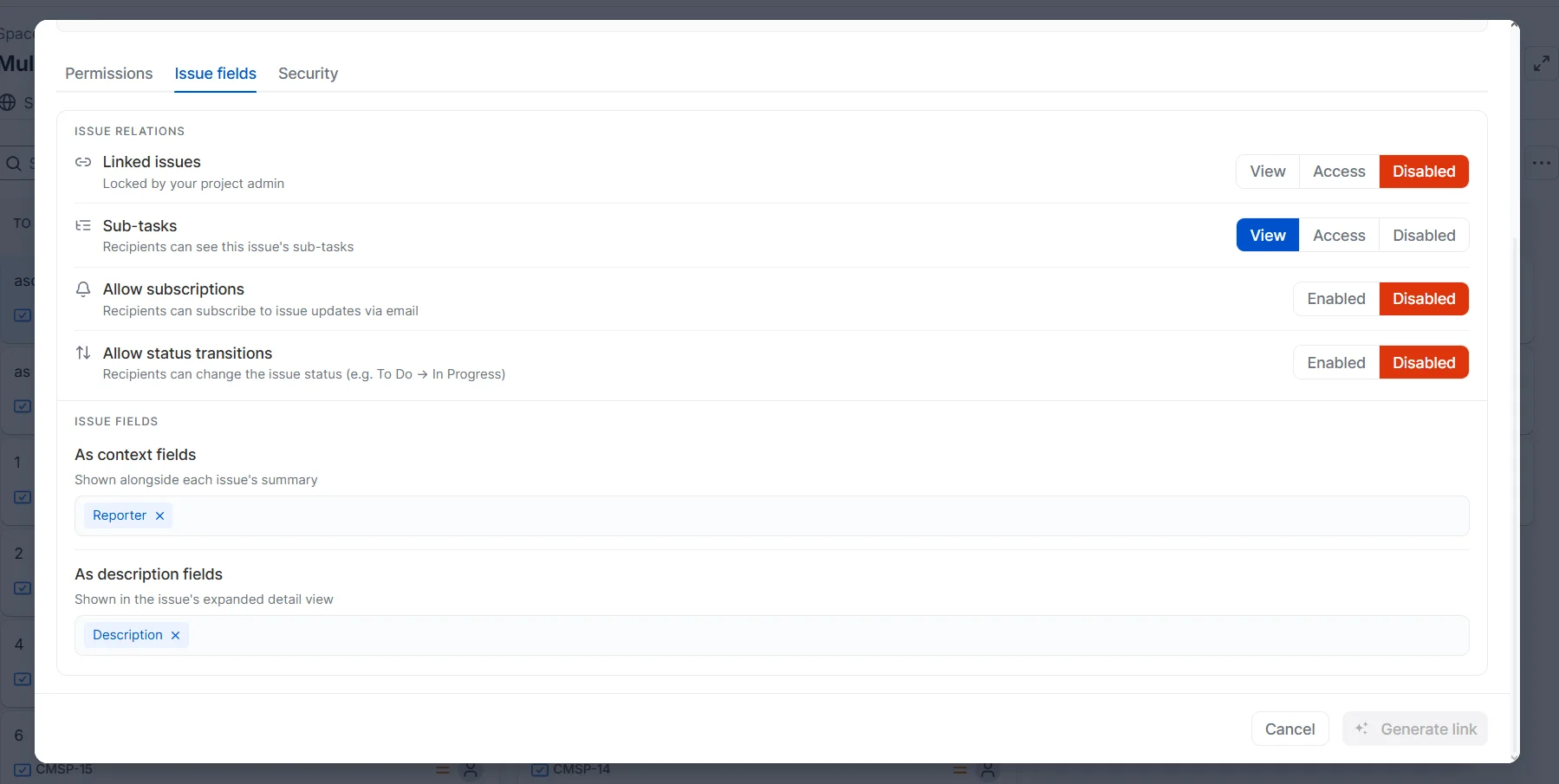 Issue fields tab in Secure Share link settings