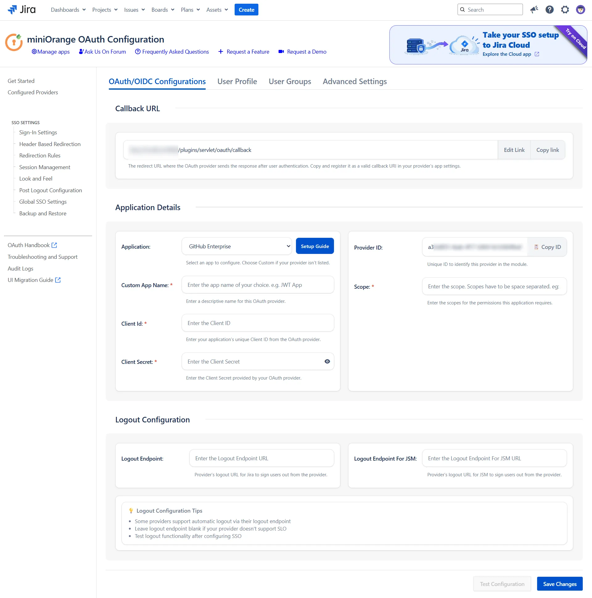 OAuth/OIDC Configuration screen
