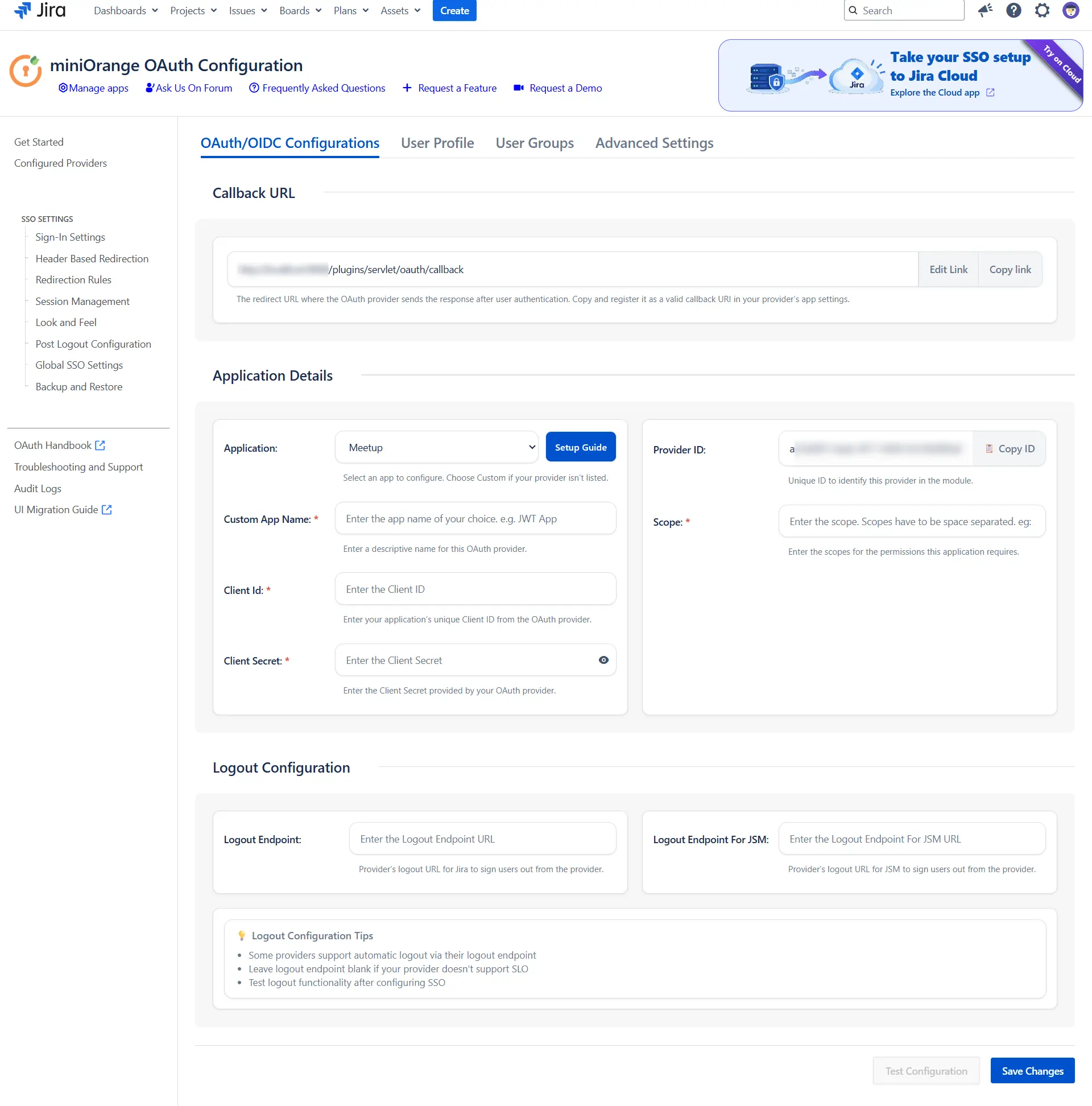 OAuth/OIDC Configuration screen