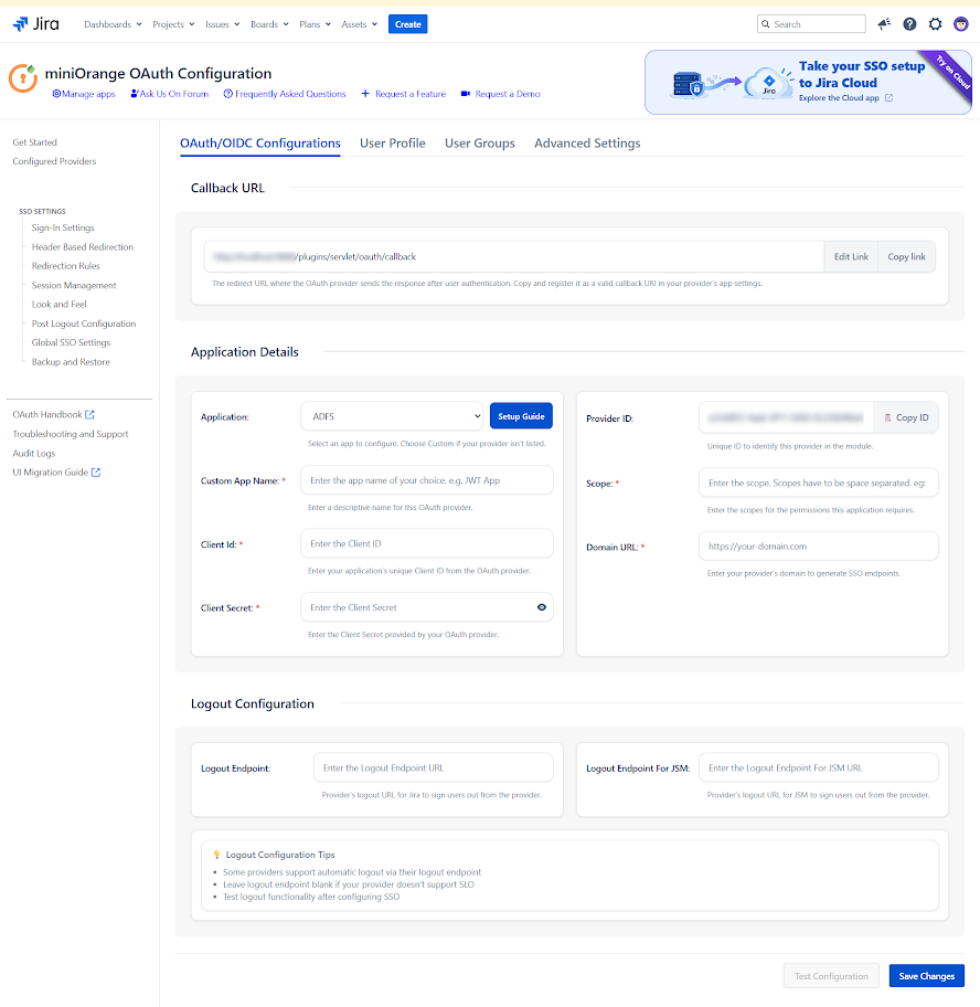 OAuth/OIDC Configuration screen