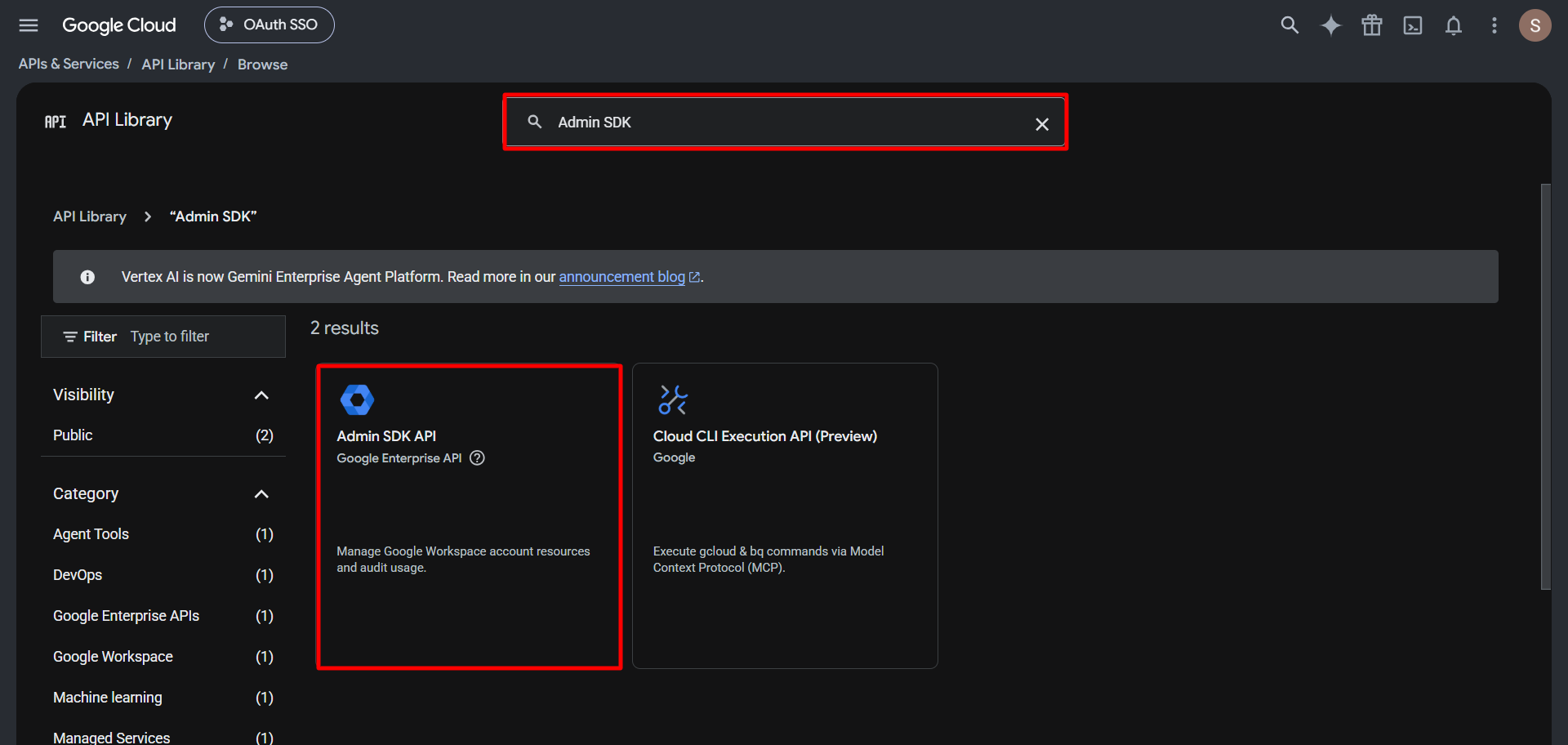 OAuth/OpenID/OIDC Single Sign On (SSO), Google Apps SSO Login Search Admin SDK in Google Cloud Console