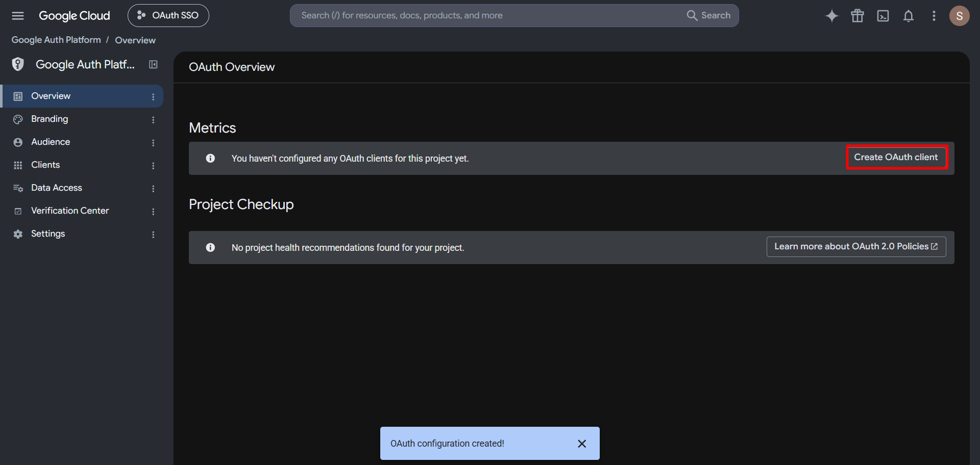 OAuth/OpenID/OIDC Single Sign On (SSO), Google Apps SSO Login Select Create OAuth Client