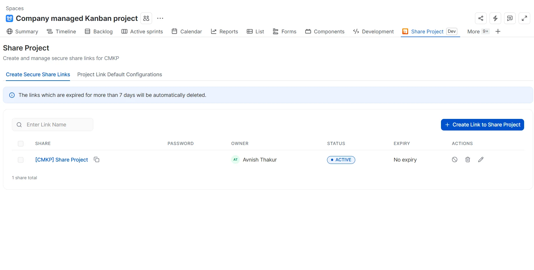 Create Link to Share Project