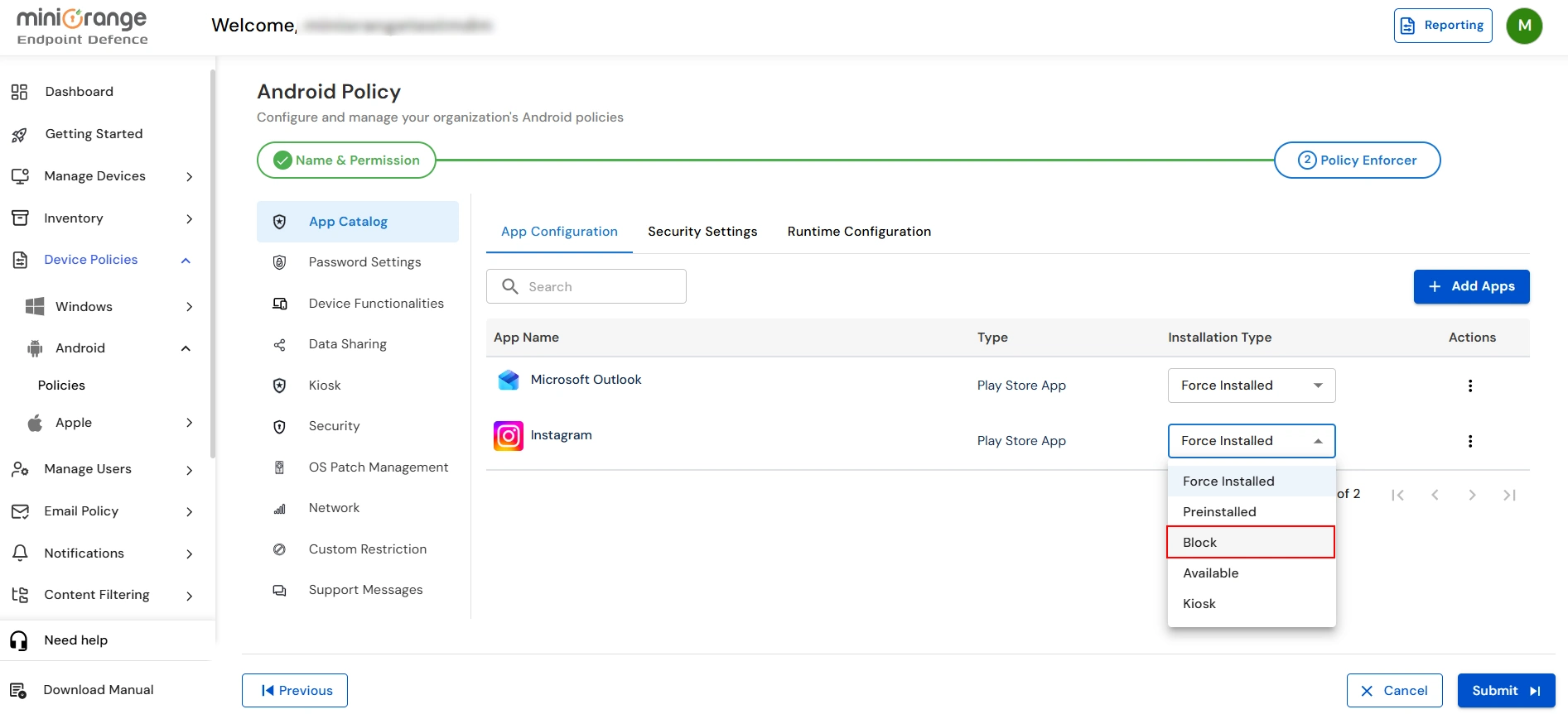 Select restriction methods for Android Apps