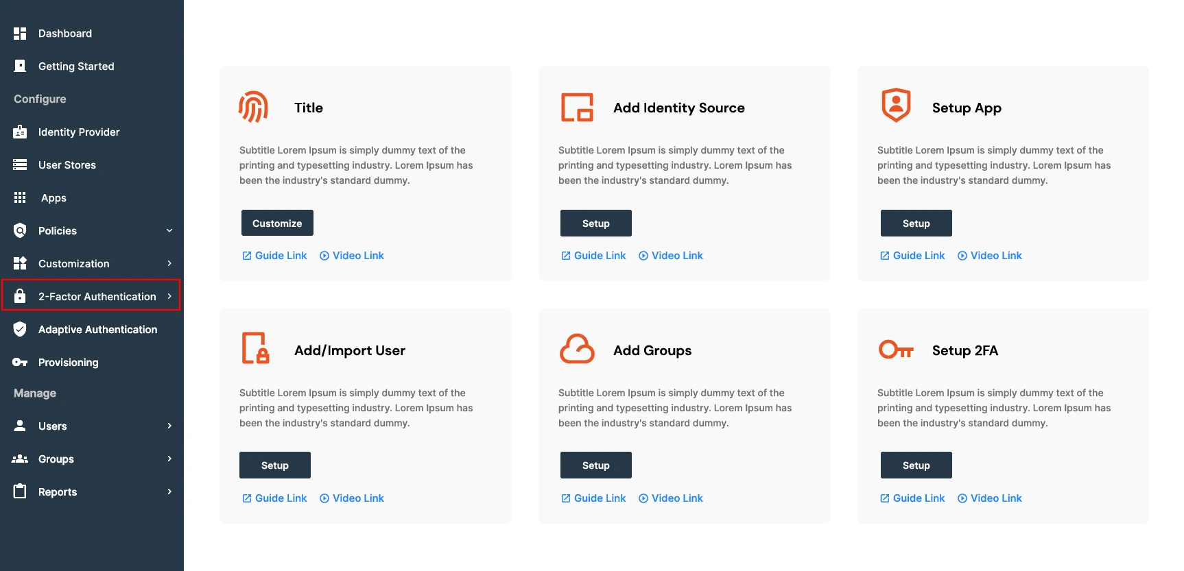 miniOrange Xecurify dashboard with setup options for apps, users, groups, and 2FA.