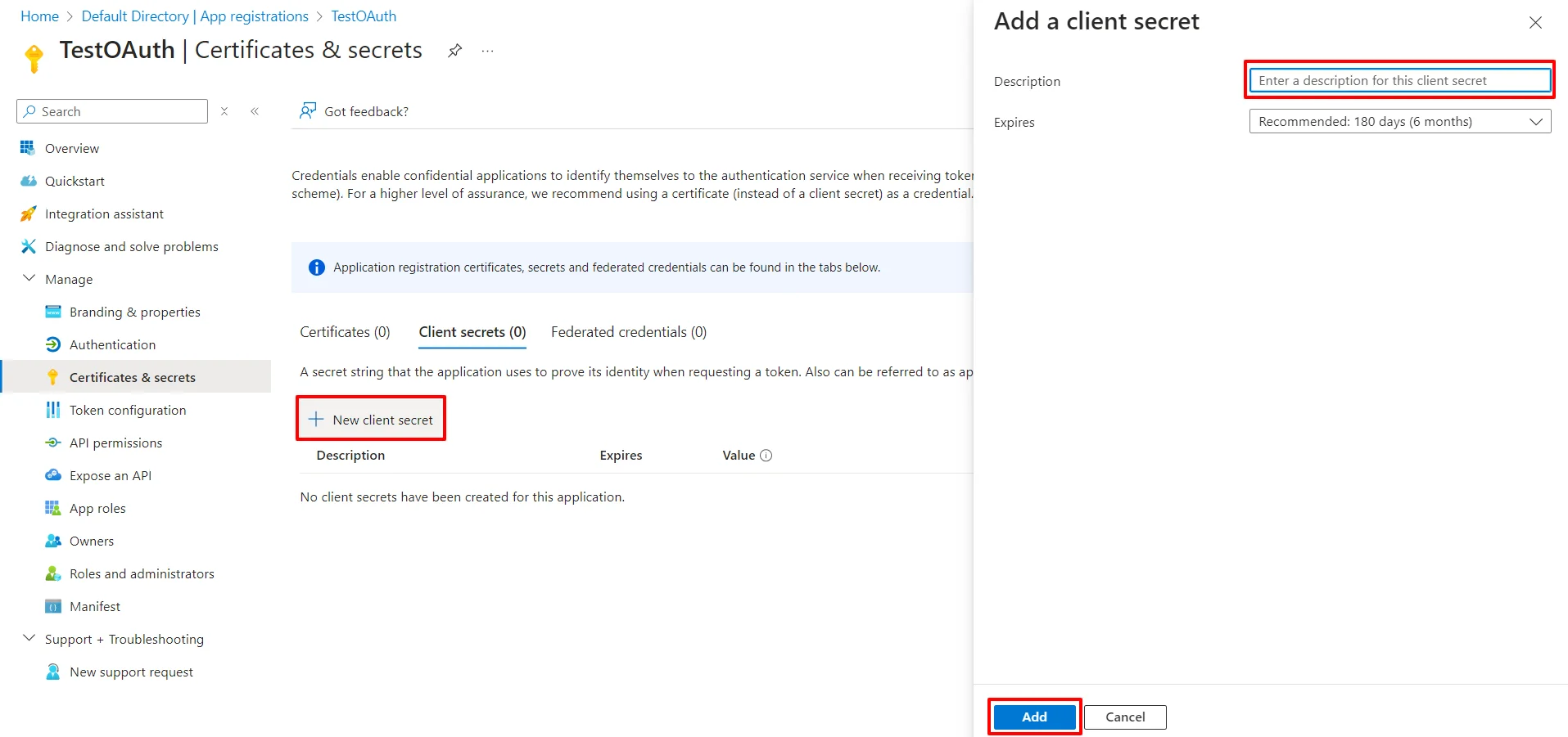 Microsoft Entra ID SSO: Click New Client secret