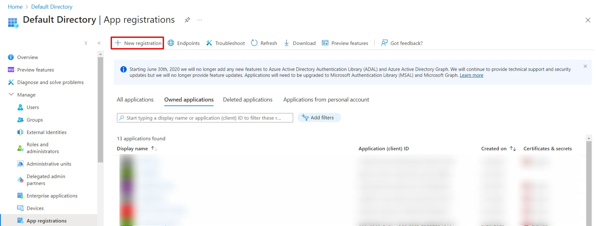 Microsoft Entra ID Single Sign On: Click on New registration 