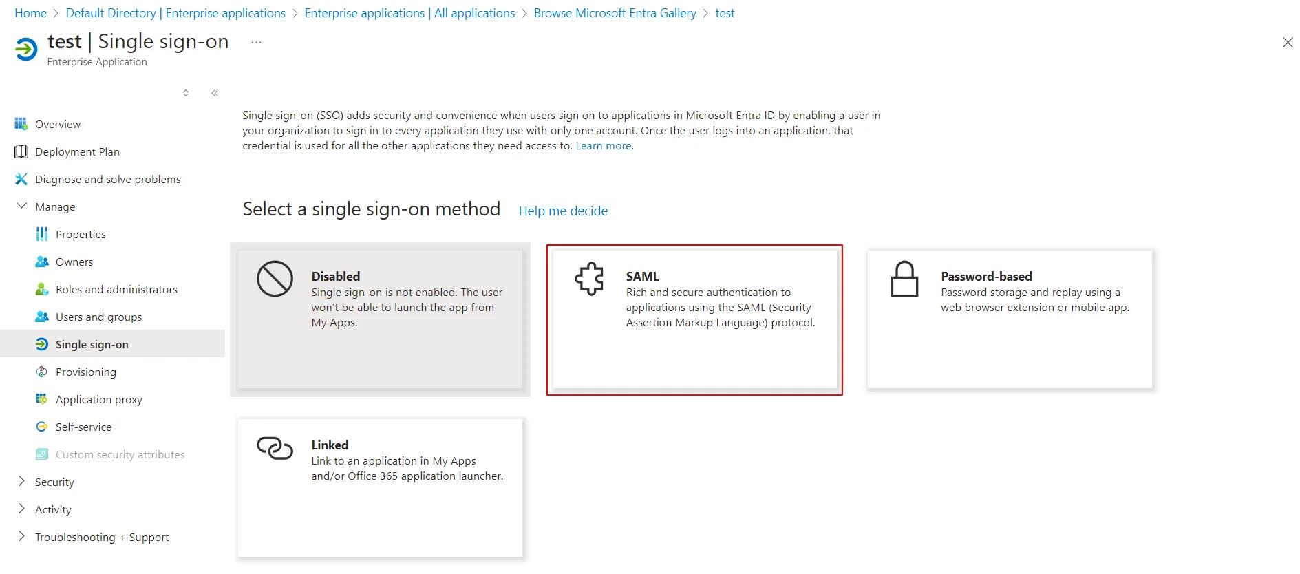 Microsoft Entra ID (Azure AD)  as IDP : Select SAML