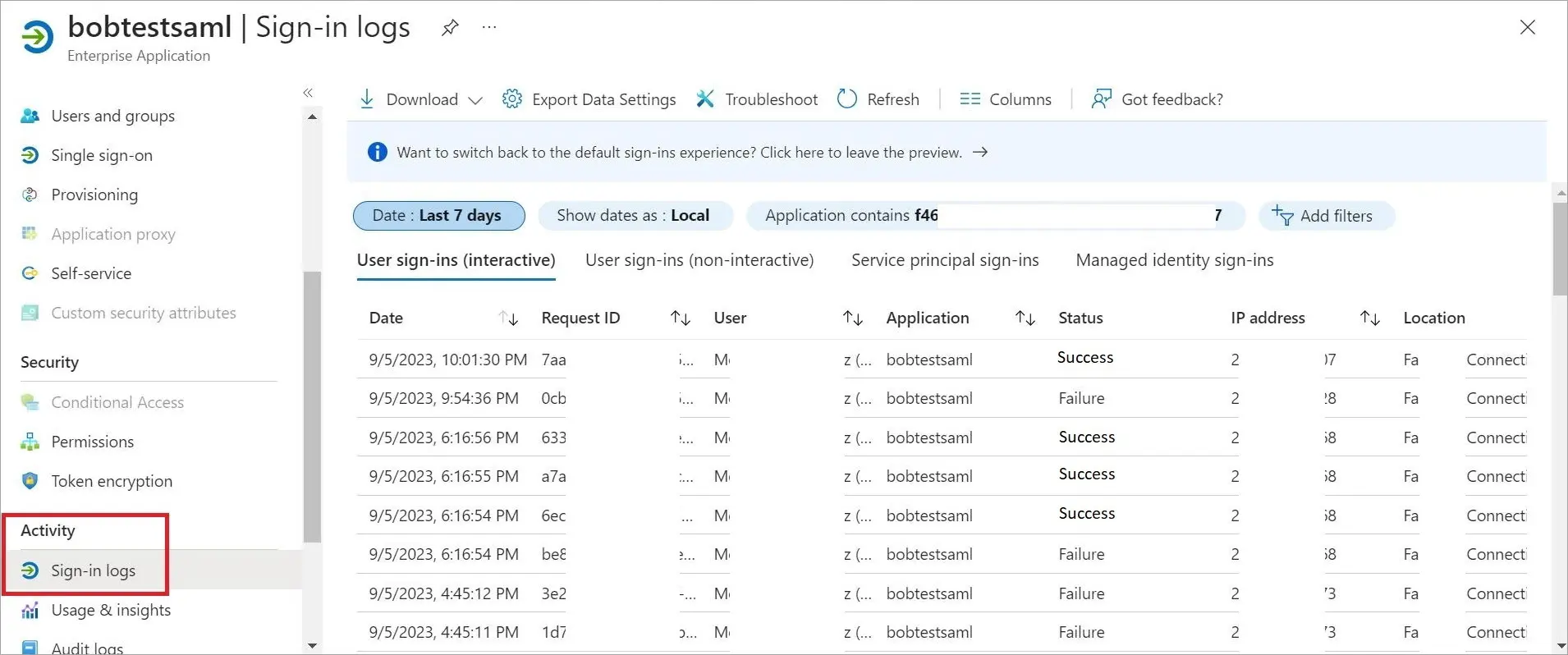 Microsoft Entra ID SSO: Activity click Sign in Logs