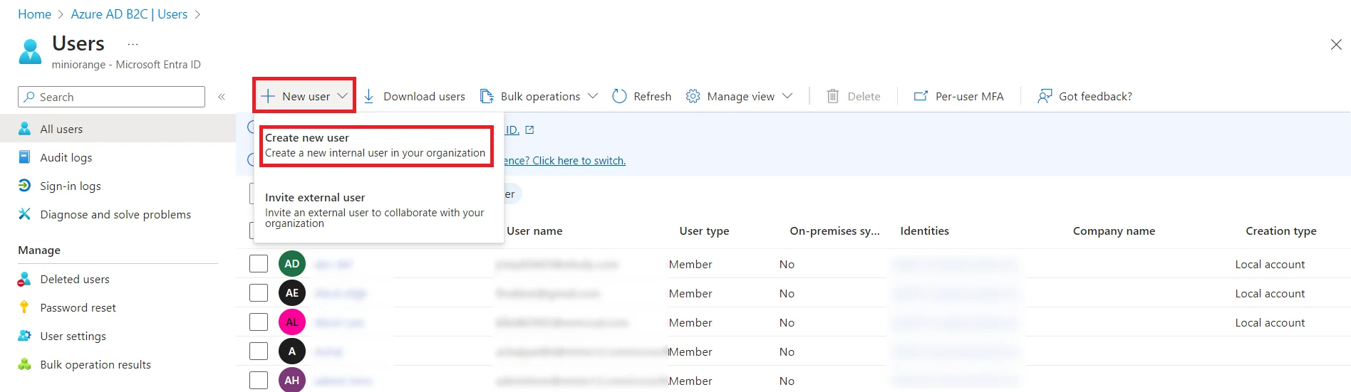 Azure B2C as IDP : Click New user to create new user