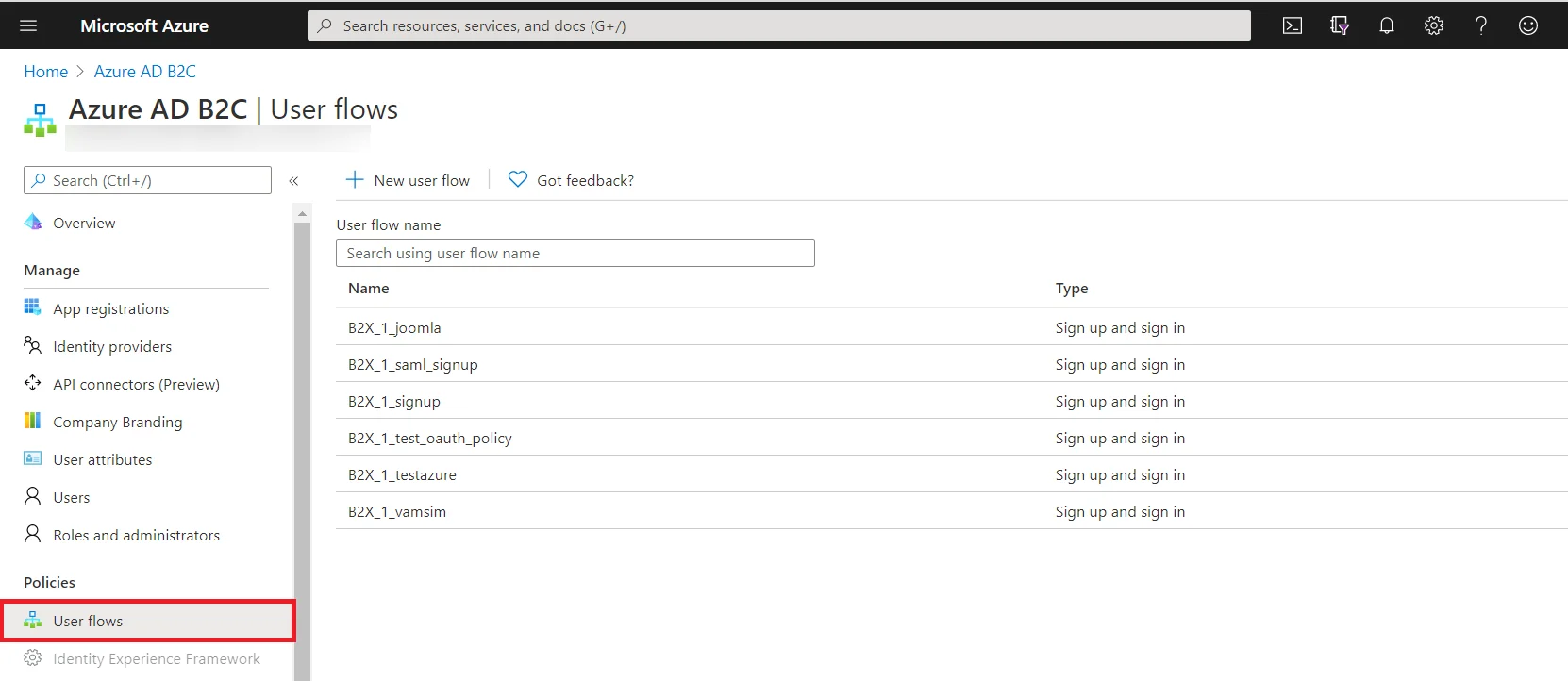 Azure B2C as IDP : Go to User flows