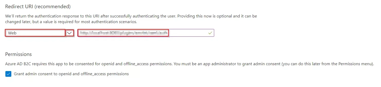Azure B2C SSO : Enter Redirect URI and Enable Grant admin consent to openId