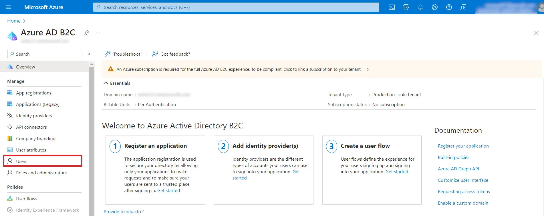 Azure B2C as IDP : Go to users