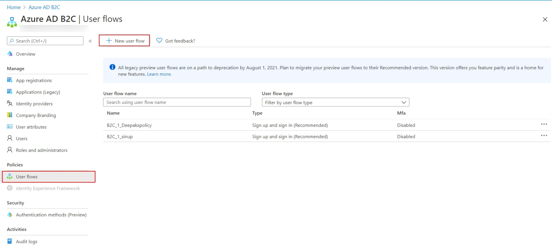 Azure B2C as IDP :Go to Policies and click User flows