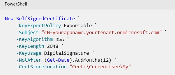 Azure B2C SSO : Run the following commond in powershell to generate a certificate
