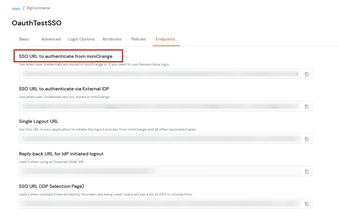 BigCommerce Single Sign-On (SSO) : Go to Endpoints > SSO URL to authenticate from miniOrange