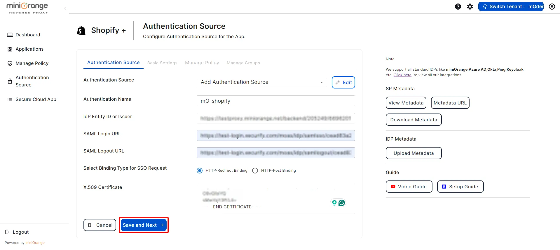 shopify plus CASB Access Restriction SP metadata IDP Details