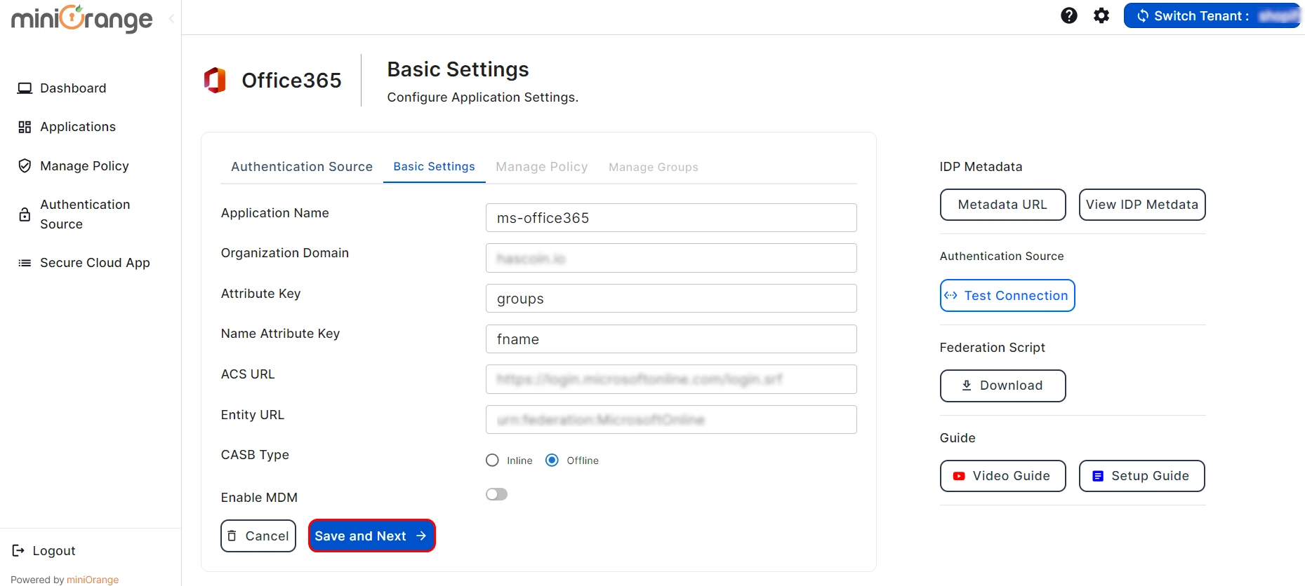 microsoft office365 CASB Basic Settings Details