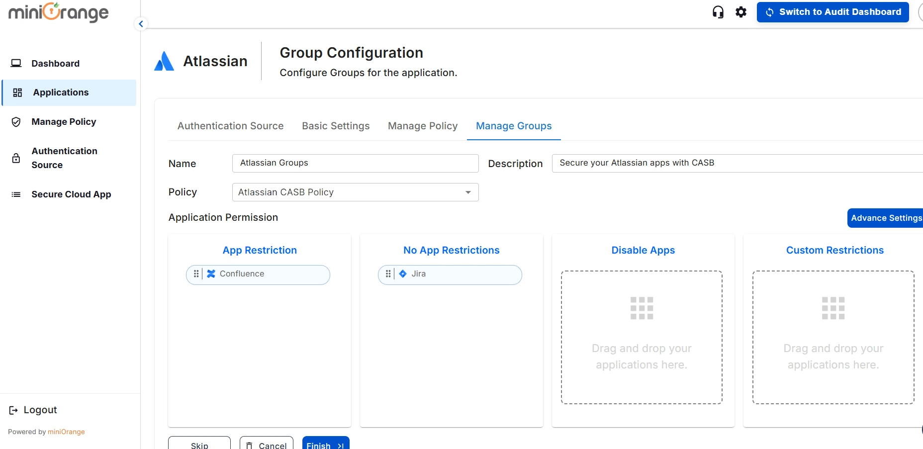 Atlassian CASB Groups submit app restriction group